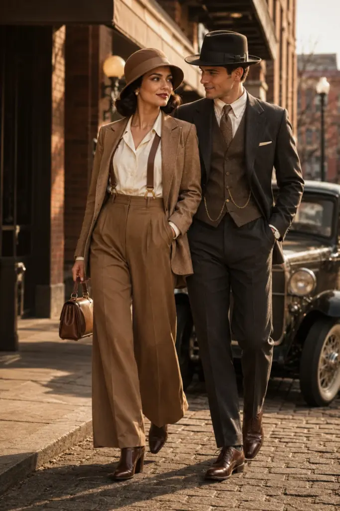 Modern 2026 couples' Halloween costumes inspired by 1930s gangster fashion with tailored neutral clothing, vintage accessories, polished hair, and cinematic styling.