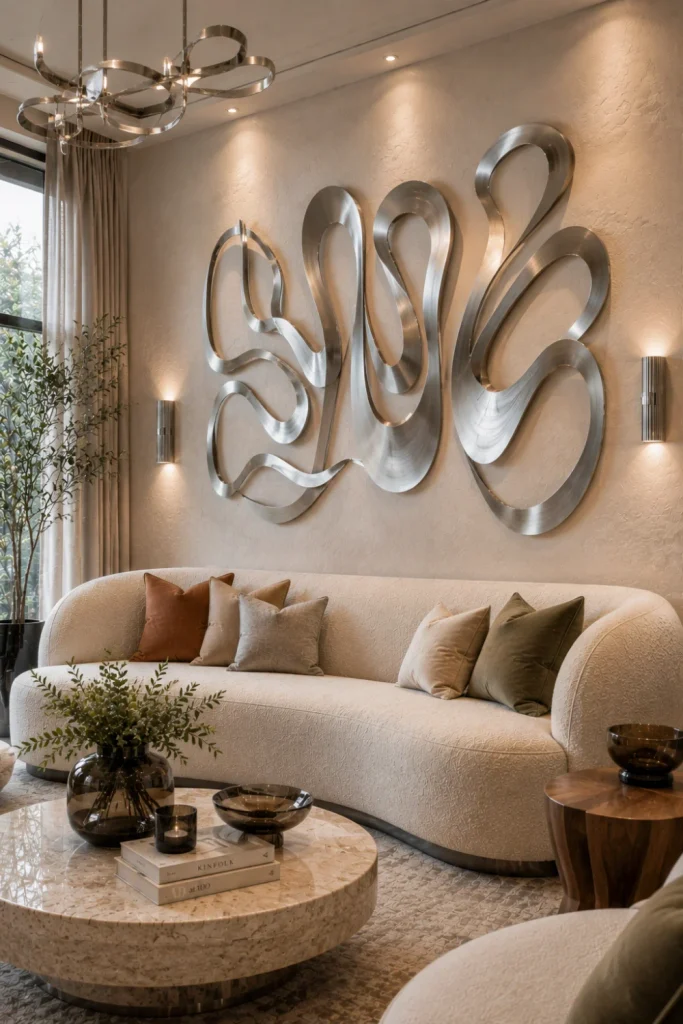 Brushed chrome curved wall sculptures paired with soft modern furniture, warm lighting, and luxurious contemporary 2026 interior colors.