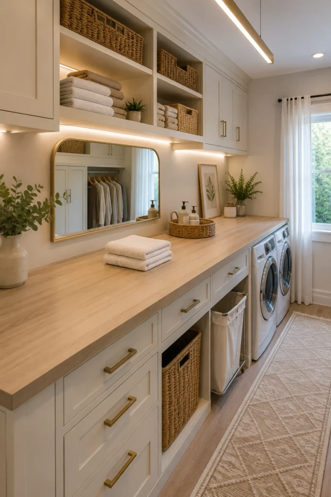 Modern laundry room with a built-in cabinet folding counter, creamy white cabinets, light wood details, woven baskets, and elegant 2026 décor.