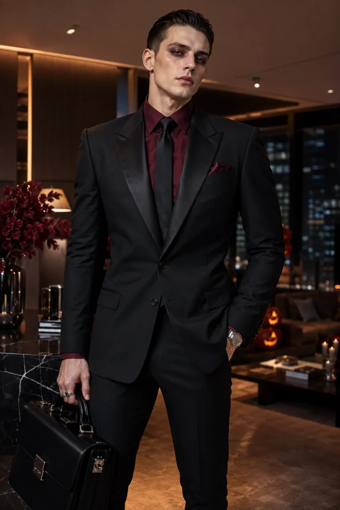 Modern business villain Halloween outfit for men with a sleek black suit, dramatic smoky makeup, slick hairstyle, and stylish accessories.