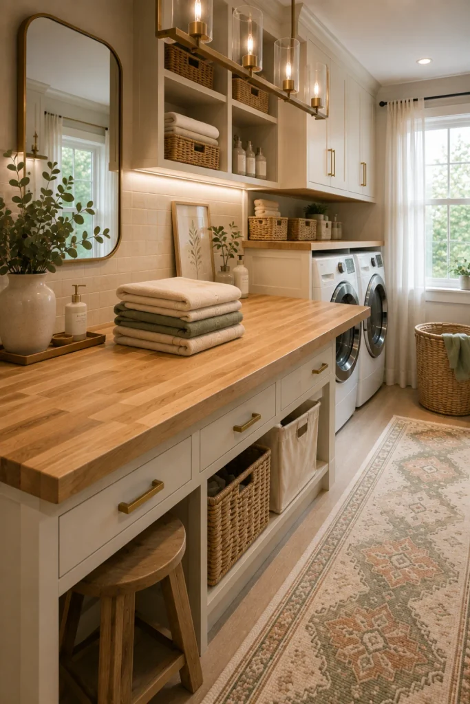 Modern laundry room with a warm butcher-block folding countertop, cream cabinetry, sage accents, woven baskets, and upscale 2026 interior styling.