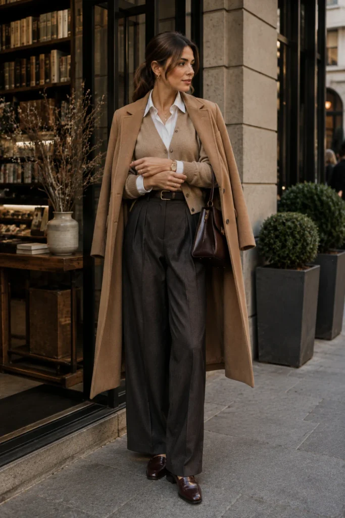 Crisp button-down shirt layered with a cashmere cardigan, wide-leg trousers, and wool coat for a polished old-money winter outfit.
