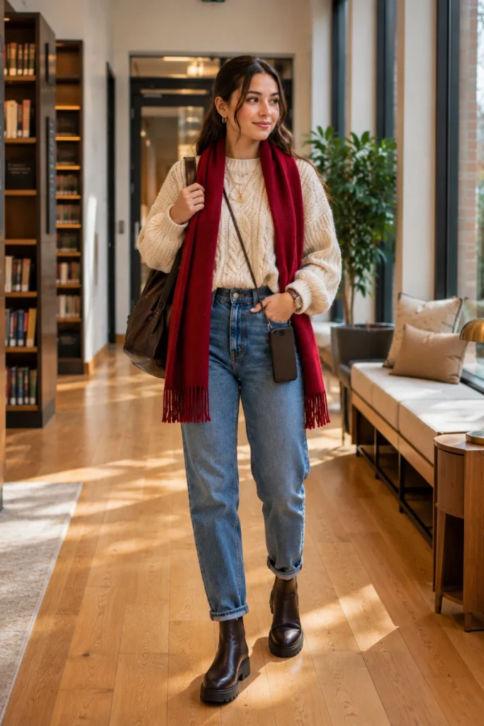 A trendy winter school outfit featuring a cable-knit sweater, mom jeans, a cozy scarf, and Chelsea boots in a modern student fashion setting.