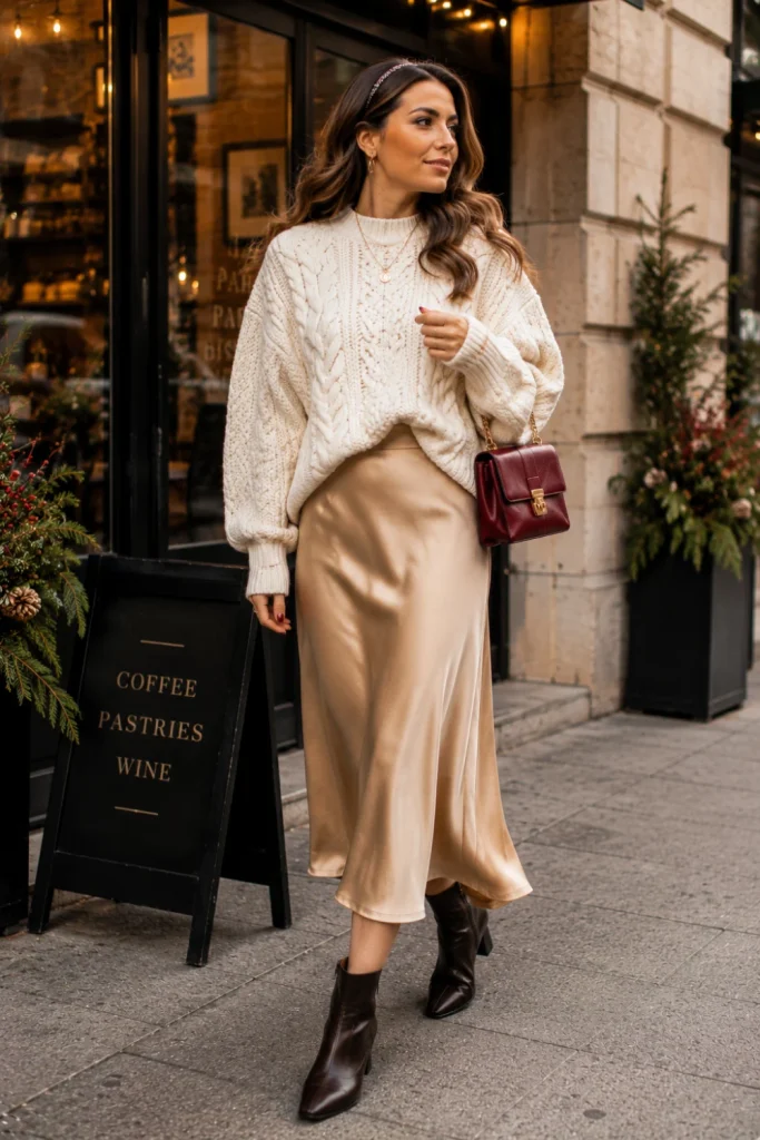 Modern 2026 winter outfit featuring a chunky ivory cable knit sweater, champagne satin midi skirt, ankle boots, and chic contemporary accessories.