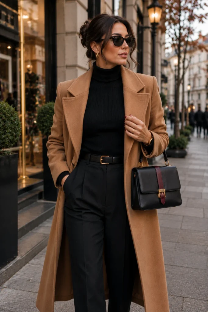 Elegant woman wearing a camel coat over a black turtleneck and tailored trousers with polished boots and minimal accessories.