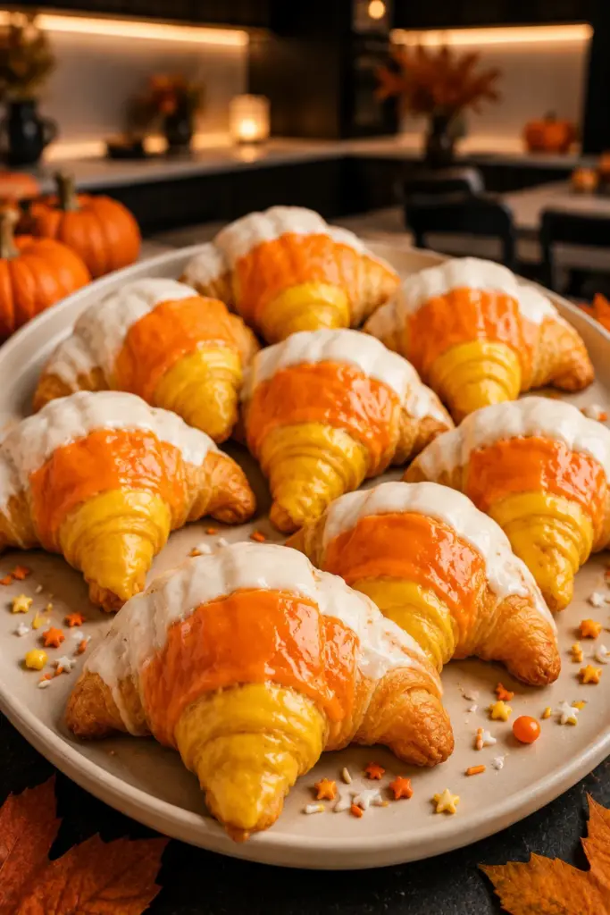 Candy corn croissants made with flaky golden pastry and layered white, orange, and yellow icing for Halloween.