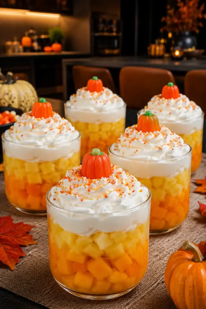 Layered Halloween fruit cups with mango, pineapple, and whipped topping styled to resemble colorful candy corn.