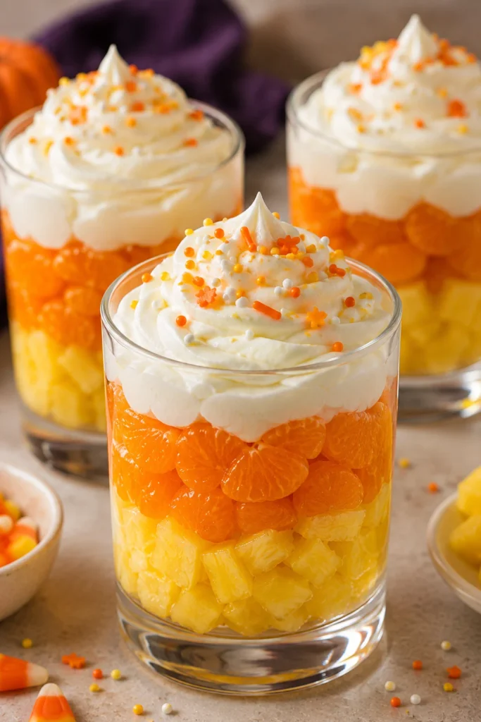 Candy Corn Fruit Parfaits layered with pineapple, orange fruit, and whipped topping in clear glasses make a colorful Halloween dessert.