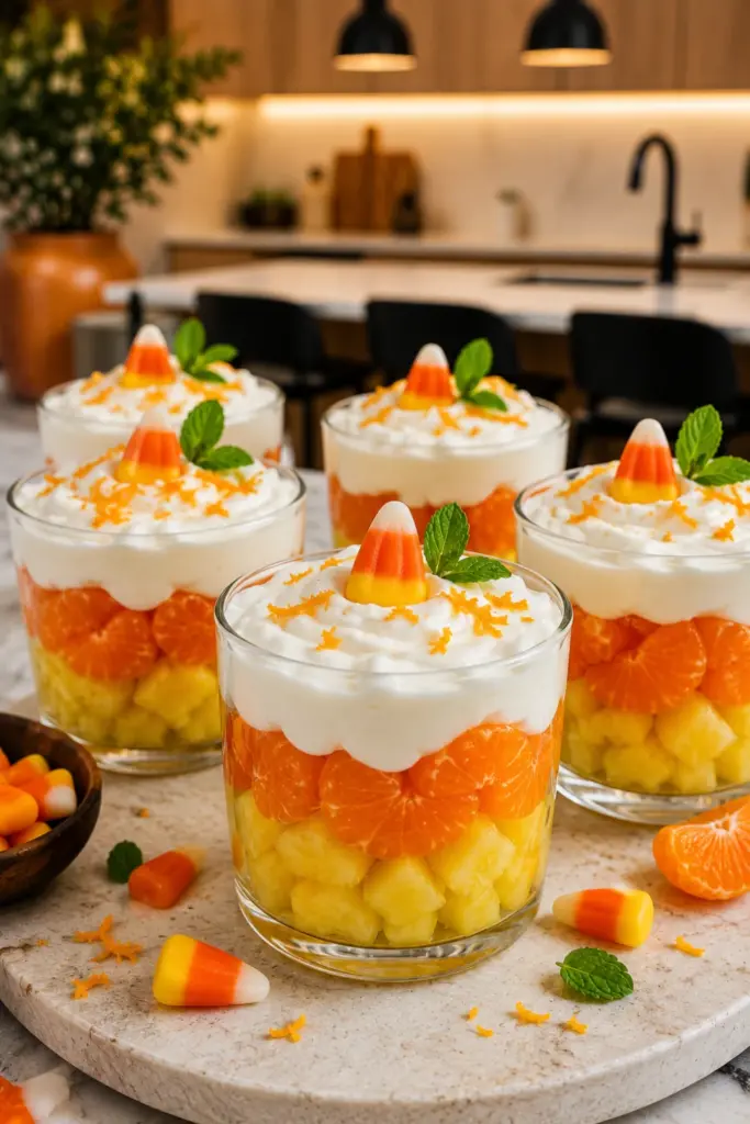Candy Corn Fruit Parfaits layered with pineapple, mandarin oranges and creamy topping in clear dessert cups.