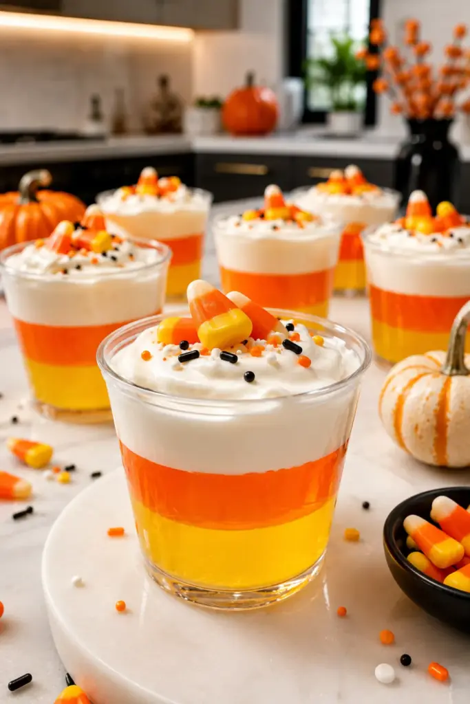 Layered Candy Corn Jello Cups with yellow, orange, and whipped cream layers in clear Halloween dessert cups.