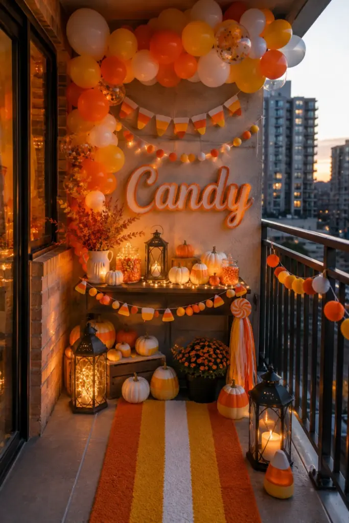 Colorful modern Candy Corn Halloween balcony with orange, yellow, white decorations, balloons, pumpkins, and a festive candy sign.