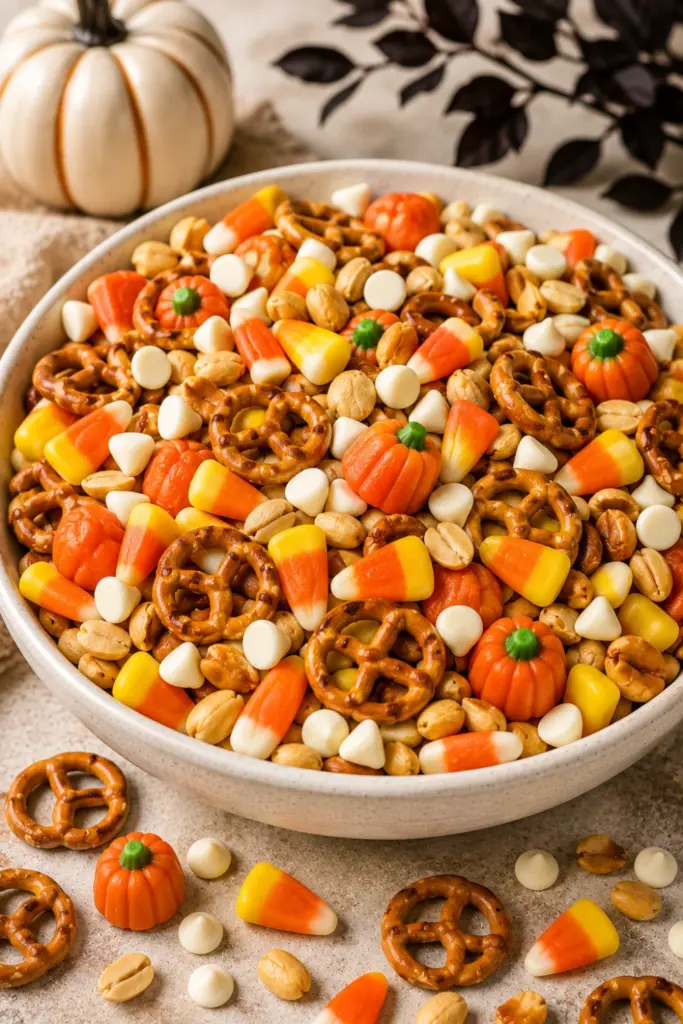 Candy Corn Lover's Delight gluten-free Halloween trail mix with pretzel twists, candy corn, candy pumpkins, roasted peanuts, and white chocolate chips.