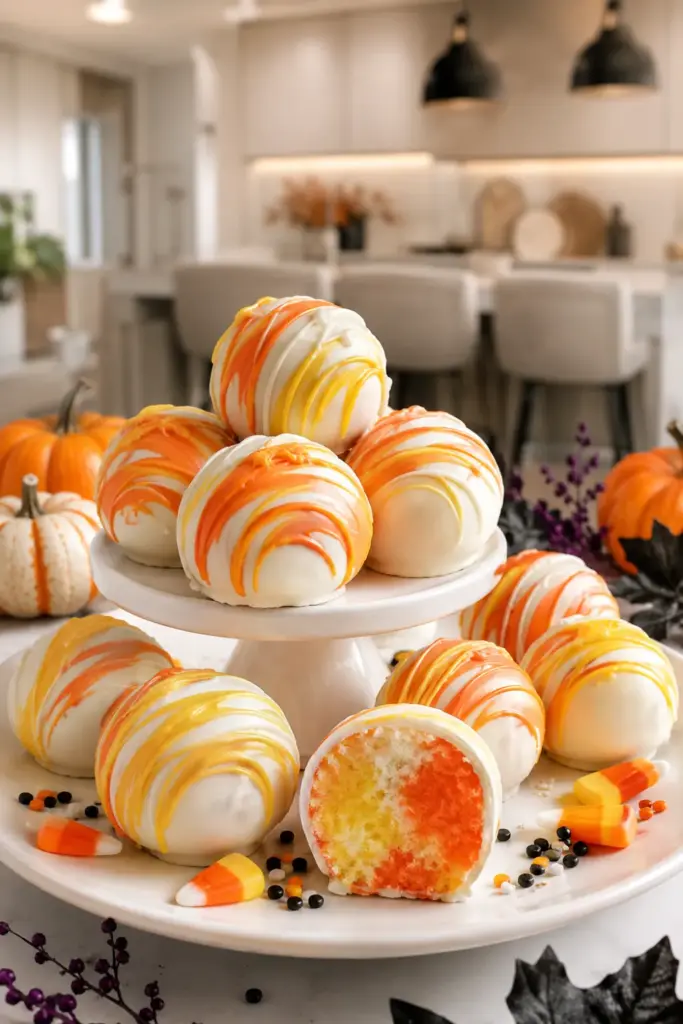 Candy corn marble cake balls with white chocolate coating and yellow and orange swirls styled for a colorful modern Halloween party.