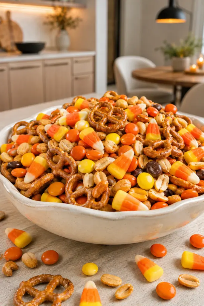 Candy Corn, Peanuts, and Pretzel Mix with Reese's Pieces for Easy Halloween Candy Mix Ideas for Parties.