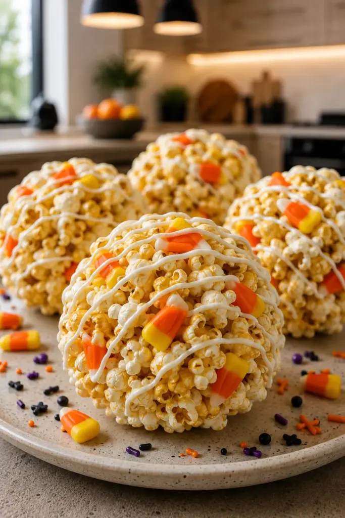 Candy Corn Popcorn Balls mixed with candy corn and drizzled with white chocolate for an easy Halloween party treat.