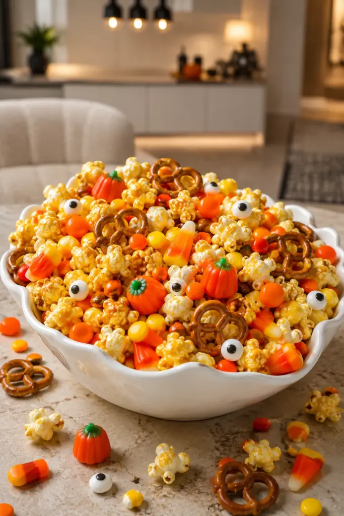 Candy Corn Popcorn Mix with buttered popcorn, candy pumpkins, Reese's Pieces, pretzels, candy eyeballs, and syrup glaze for easy Halloween candy mix ideas for parties.