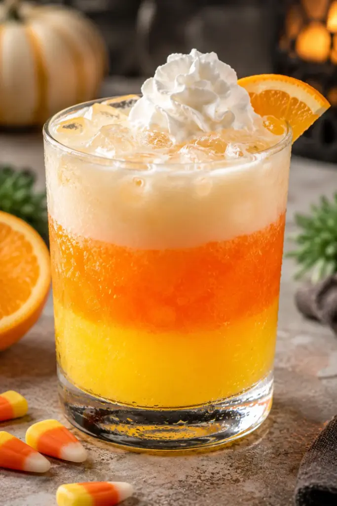 Candy corn punch with distinct yellow, orange, and creamy white layers, creating a festive Halloween candy corn effect.