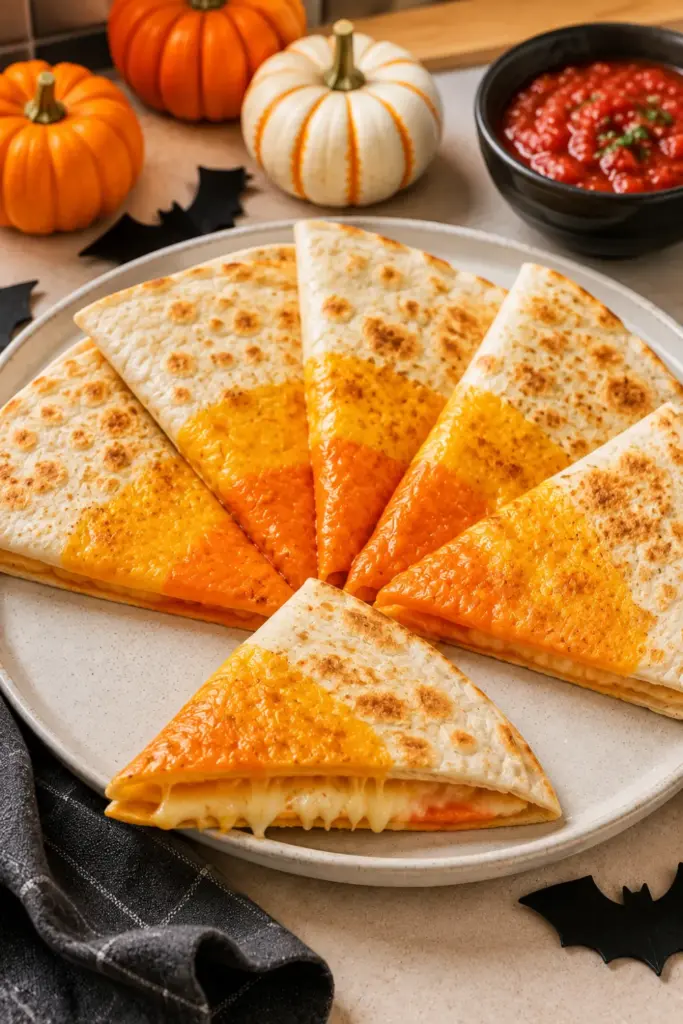 Easy Halloween Lunch Recipe Ideas: Fun Favorites featuring candy-corn-shaped quesadillas layered in yellow, orange, and white melted cheese.