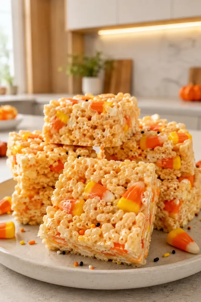 Candy Corn Rice Krispie Treats with colorful candy corn for an easy Halloween candy recipe for kids and parties.