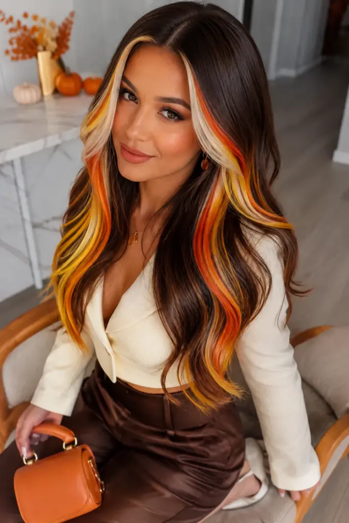 Modern yellow, orange, and white candy corn hair stripes with trendy 2026 fashion styling for Easy Best Halloween Hair Design Ideas for Stunning Looks