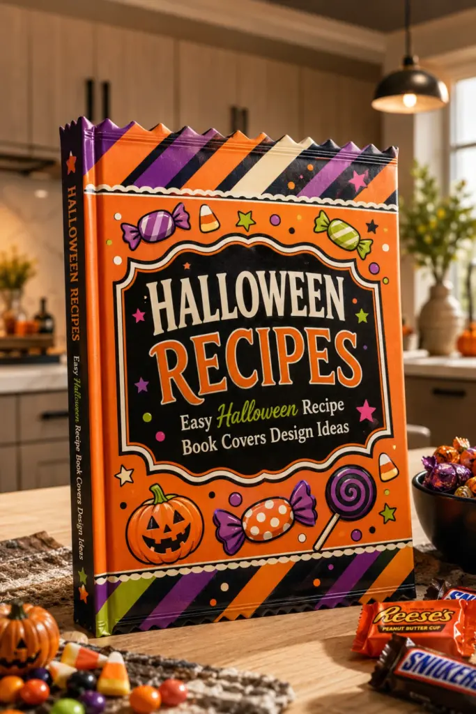 Candy-wrapper-inspired Halloween recipe book cover with colorful retro graphics, stripes, and festive candy illustrations.
