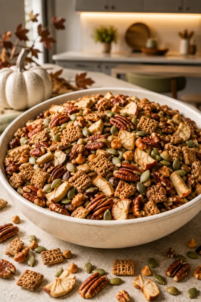 Caramel Apple Fall Harvest gluten-free Halloween trail mix with cinnamon cereal, dried apple pieces, caramel chips, pecans, and pumpkin seeds.