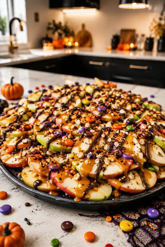Caramel apple nachos layered with fresh apple slices, caramel sauce, chocolate drizzle, chopped nuts, and Halloween candy toppings.
