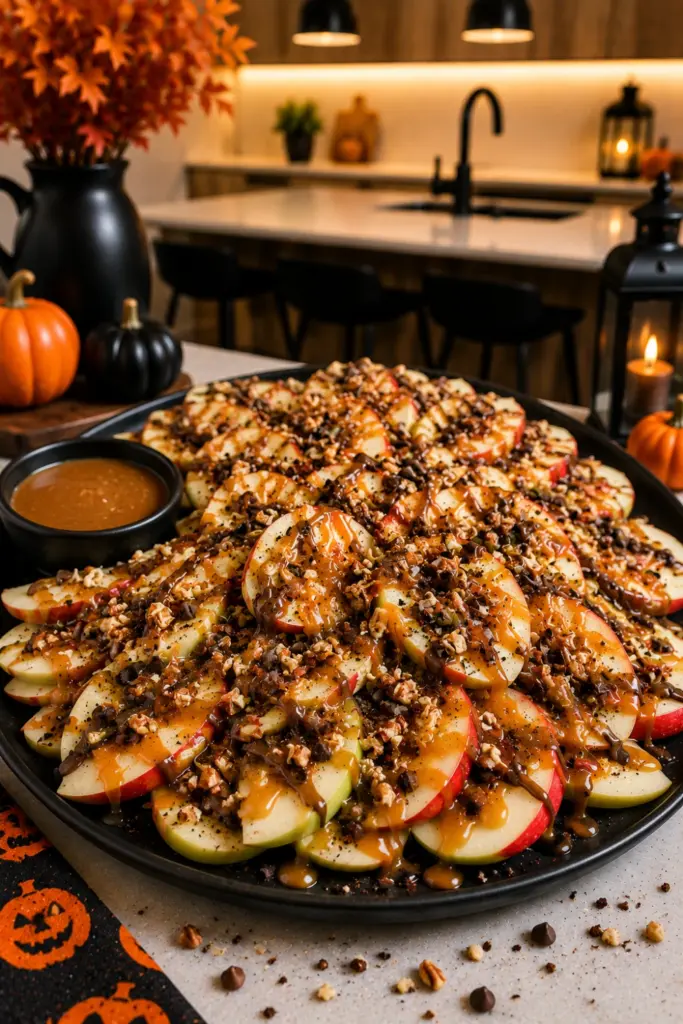 Caramel apple nachos layered with sliced apples, caramel, chocolate, nuts, and chocolate chips on a Halloween party platter.