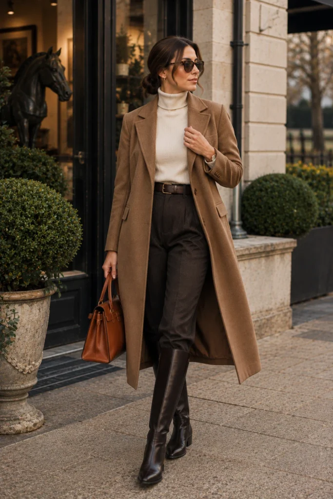 Cashmere-style turtleneck with tailored wool trousers, long coat and polished riding boots styled as a modern old-money winter outfit.