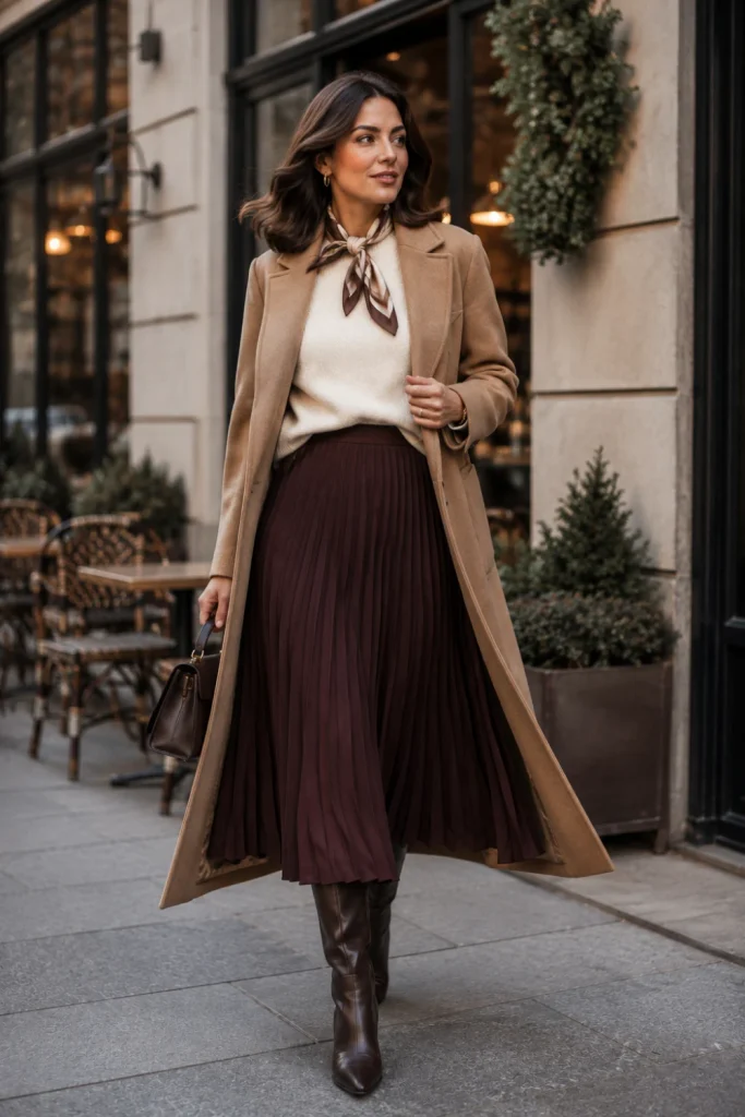 A feminine cashmere-style sweater, pleated midi skirt, knee-high boots, and wool coat styled for an elegant modern old-money winter outfit.