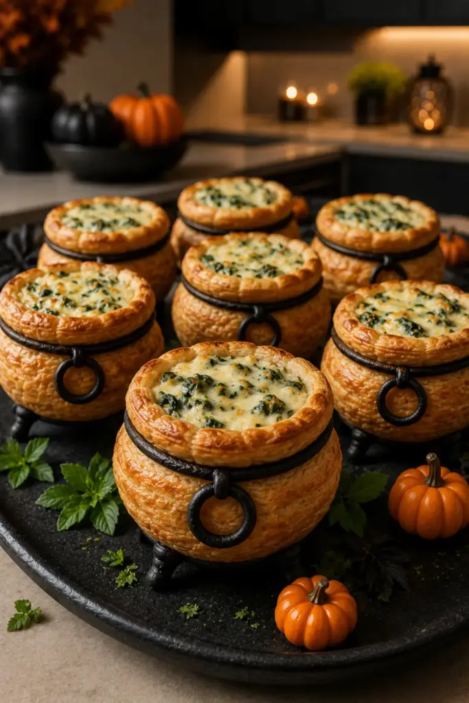 Cauldron cups made from crisp puff pastry and filled with creamy spinach dip for an elegant Halloween appetizer.