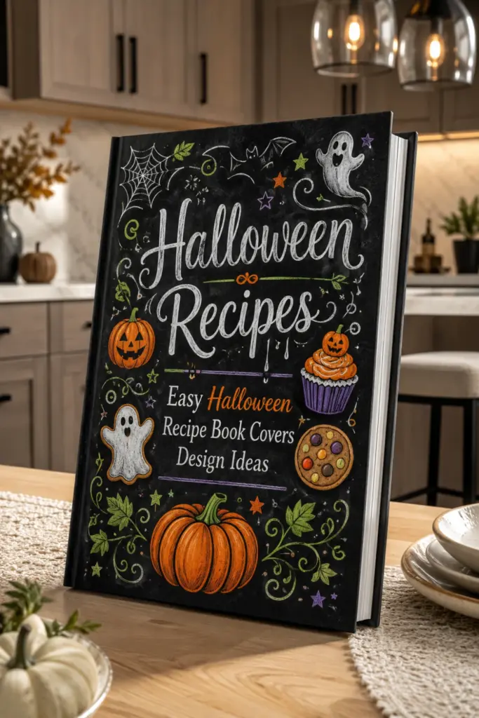 Chalkboard-style Halloween recipe book cover with white chalk lettering, pumpkin illustrations, and decorative drips.