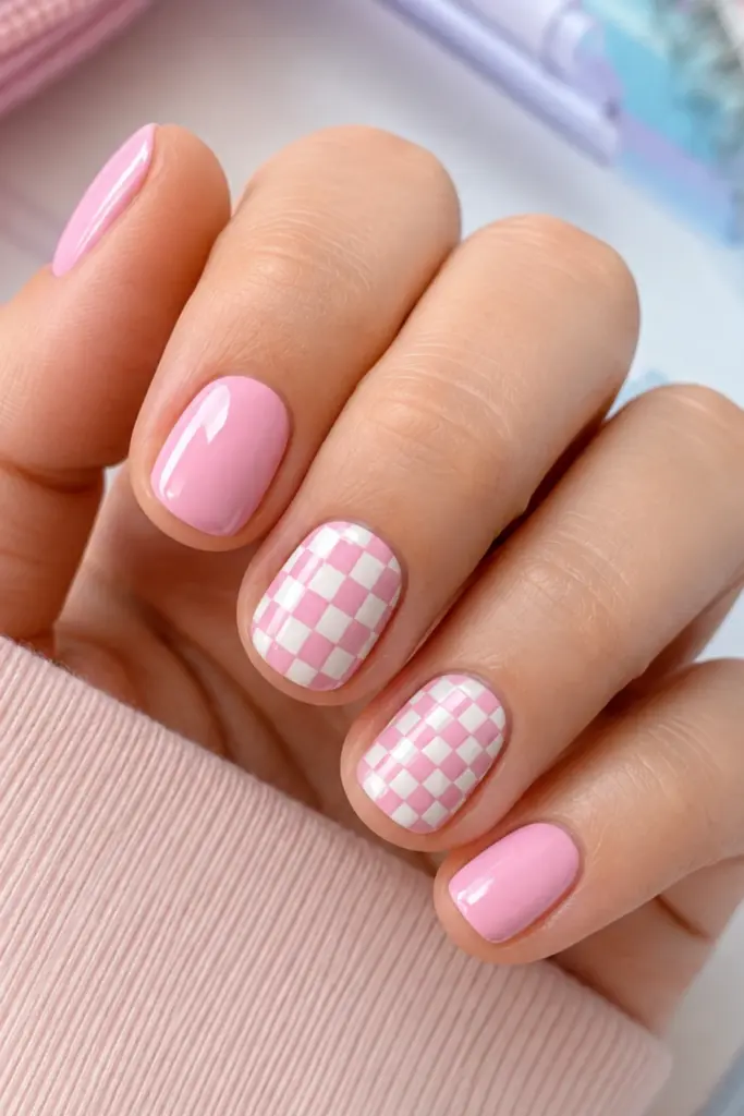 Cute short pink nails with a stylish checkered accent design for a colorful school-season manicure.