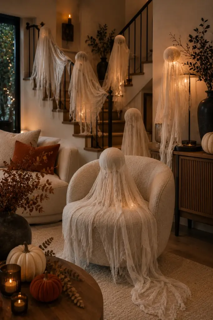 Ethereal cheesecloth ghosts draped over modern chairs and a staircase with warm lighting for Best Halloween Aesthetic Design Ideas for Every Home.