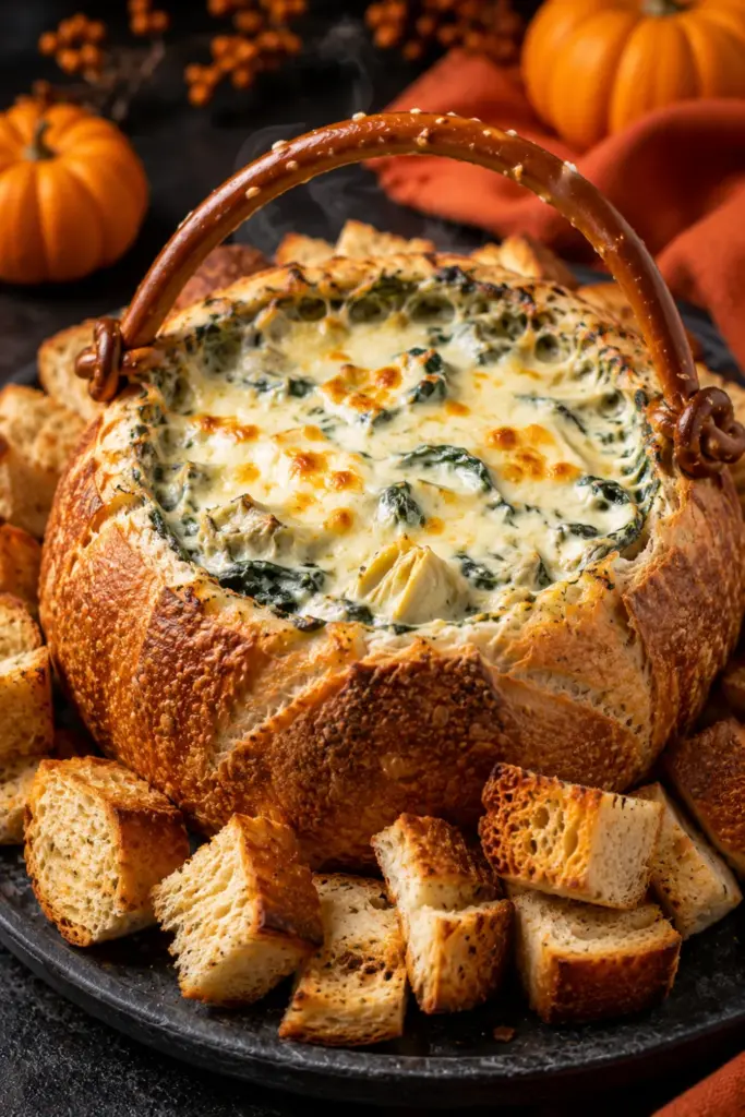 Warm Cheesy Cauldron Dip with creamy spinach and artichoke filling served in a round bread bowl with a pretzel handle for a Halloween party centerpiece.