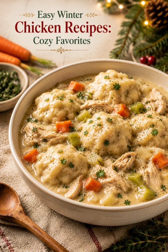 Cozy chicken and dumplings with tender chicken, fluffy dumplings, carrots, celery, and creamy herb broth in a modern winter food setting.