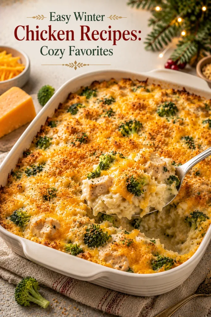 Creamy chicken broccoli rice casserole with tender chicken, bright broccoli, fluffy rice, and melted cheese in a cozy winter setting.