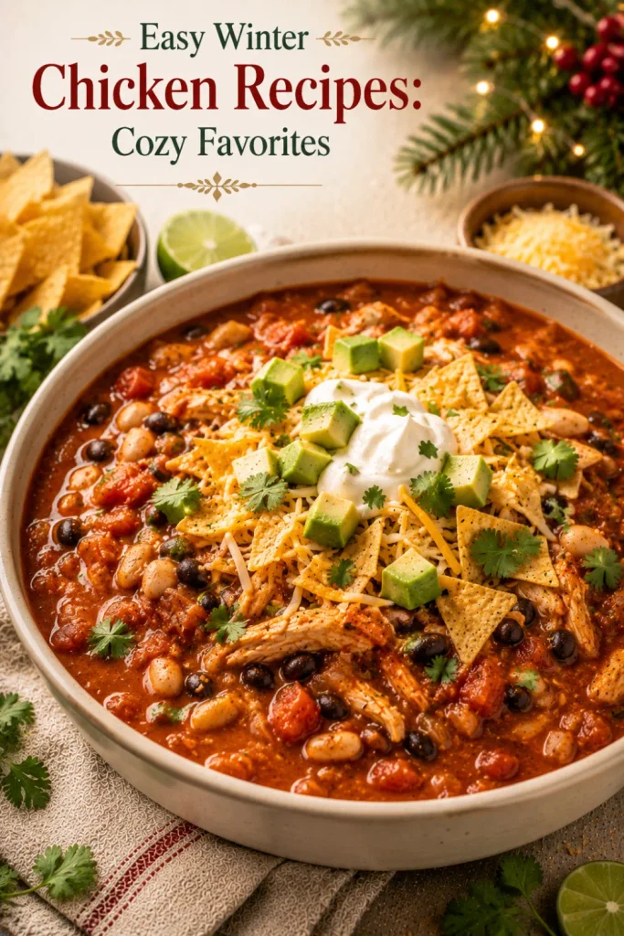 Hearty chicken chili with shredded chicken, beans, tomatoes, and warming spices topped with cheese, avocado, and cilantro.