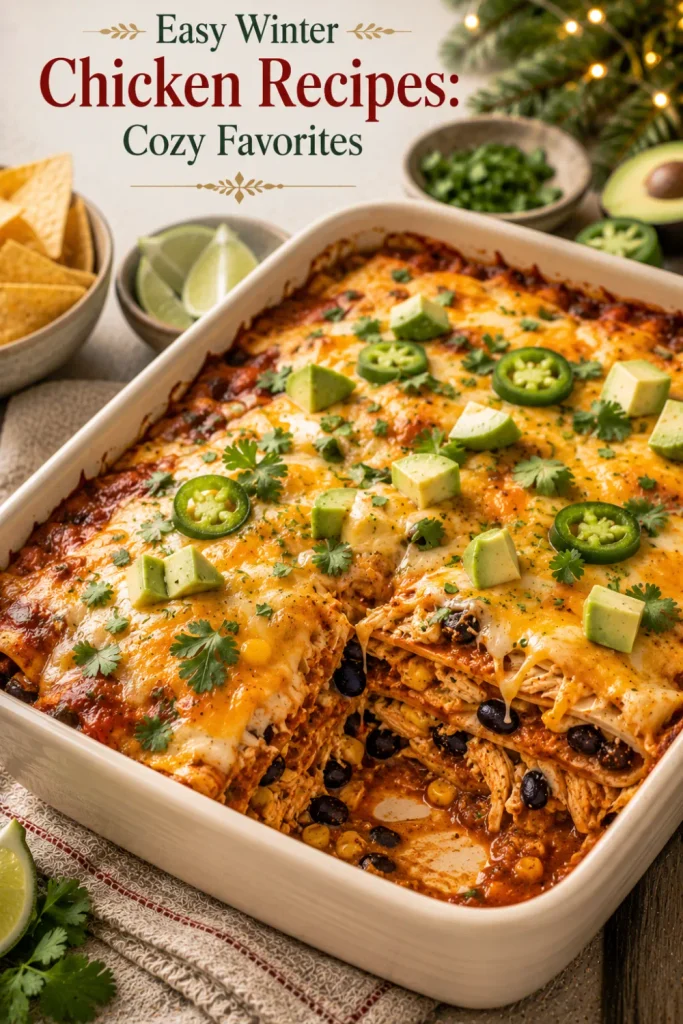 Cheesy chicken enchilada casserole layered with chicken, tortillas, enchilada sauce, black beans, and corn in a colorful winter food setup.