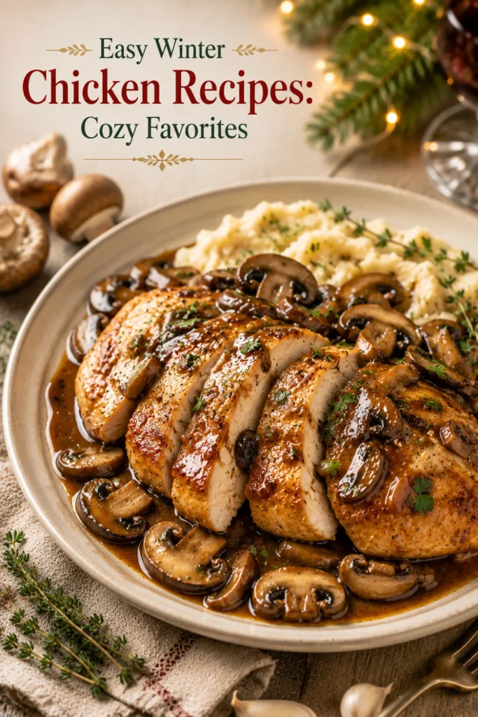 Golden chicken Marsala with mushrooms in a rich, savory Marsala sauce, styled as an elegant, cozy winter dinner.