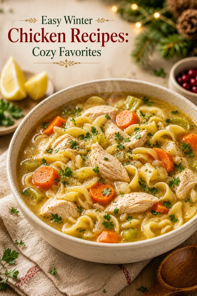 Cozy chicken noodle soup with tender chicken, egg noodles, carrots, celery, and herbs in a warm, flavorful broth.
