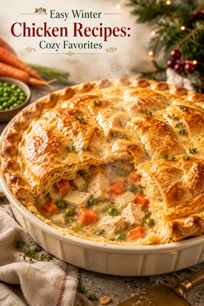 Golden chicken pot pie with a flaky pastry crust, creamy chicken filling, carrots, and peas, photographed in a colorful cozy winter setting.
