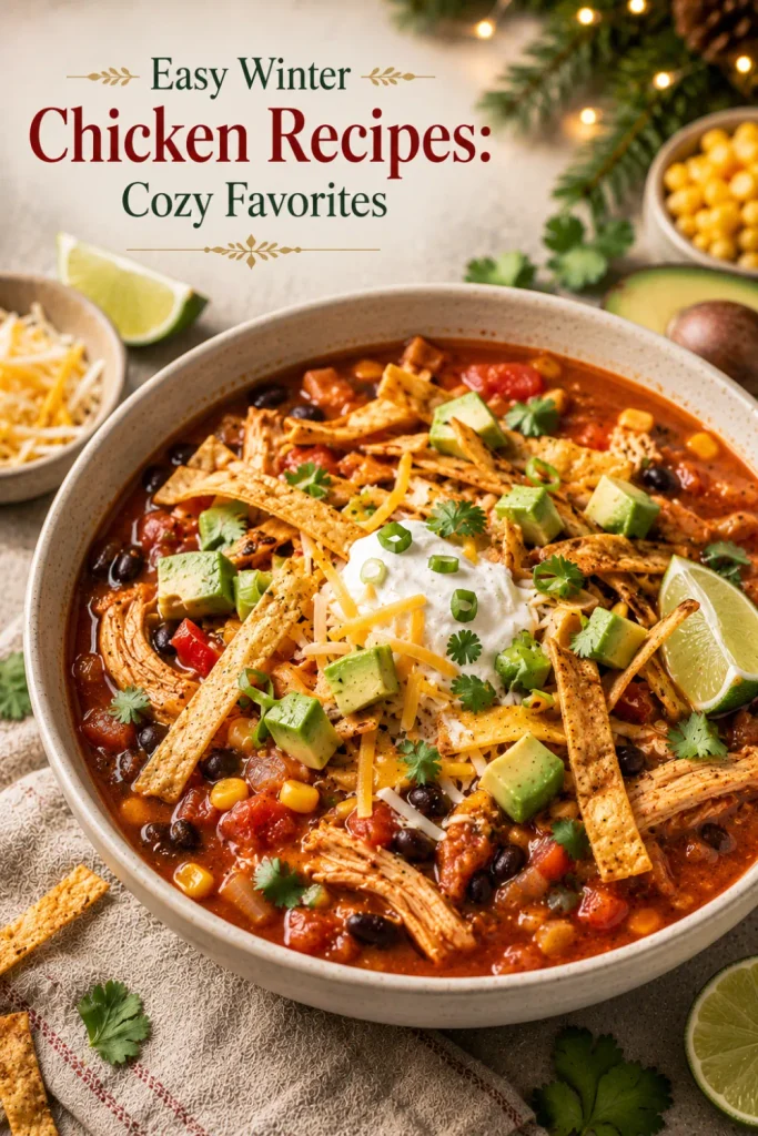 Chicken tortilla soup with shredded chicken, black beans, tomatoes, corn, spices, avocado, and crispy tortilla strips in a cozy winter setting.