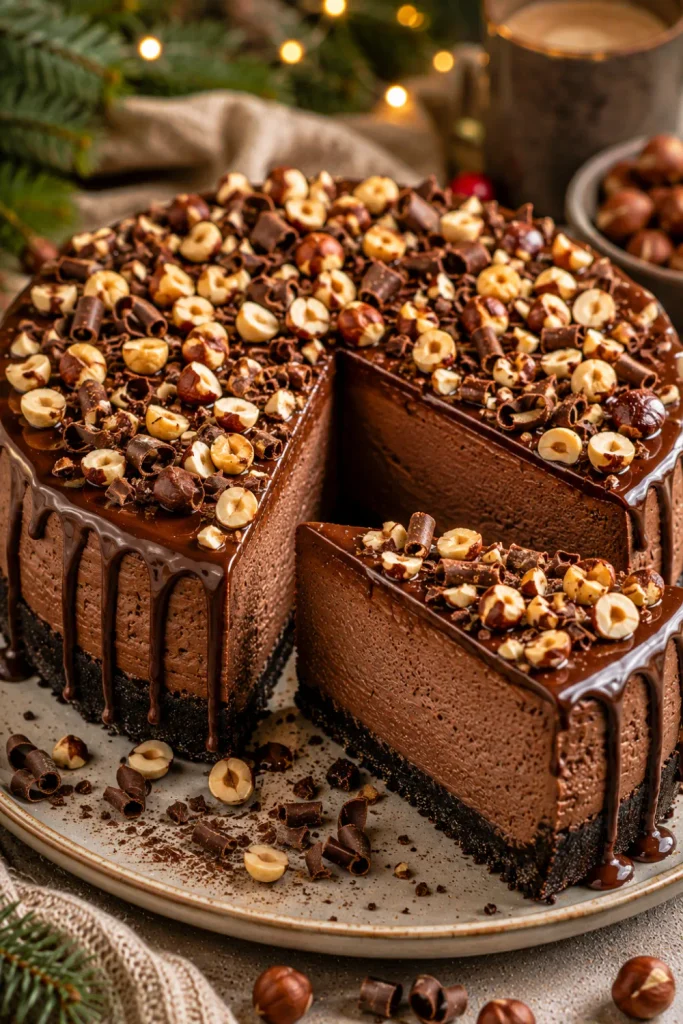 Chocolate hazelnut winter cheesecake with silky chocolate filling, hazelnut topping, cookie crust, and glossy chocolate drizzle.