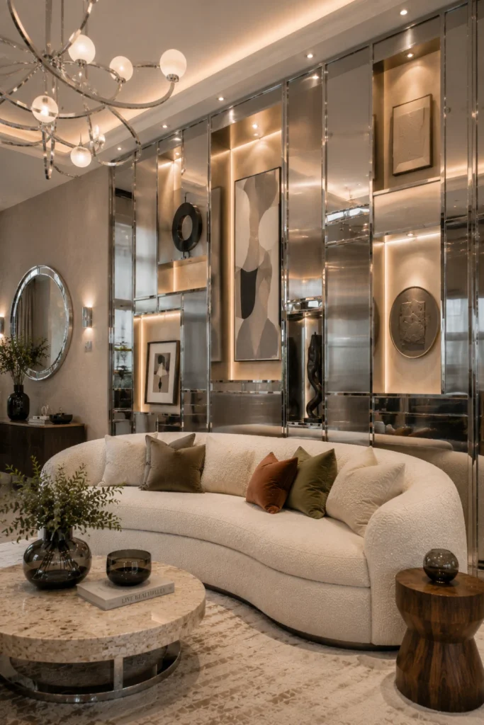 Illuminated chrome accent wall with contemporary art displays, a sculptural chandelier, warm lighting, and luxurious 2026 interior styling.