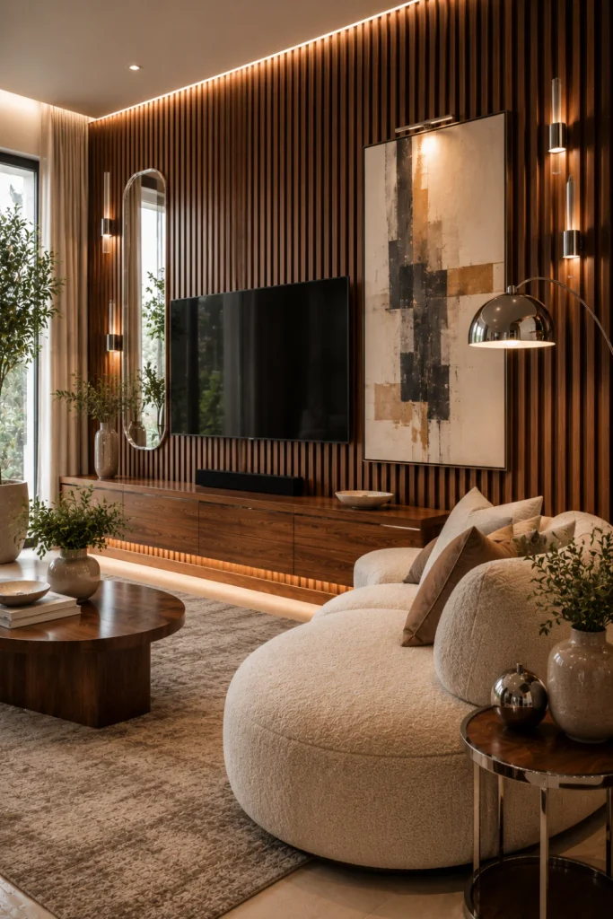 Modern chrome and wood accent wall featuring rich walnut paneling, sculptural chrome lighting, contemporary artwork, mirrors, warm neutral furniture, and 2026 interior decor.
