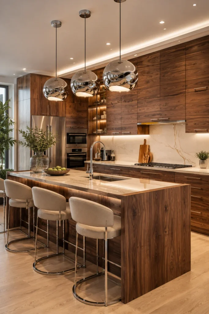 Modern chrome and wood kitchen featuring warm wood cabinetry, a contemporary island, chrome hardware, a polished faucet, bar stools, pendant lighting, and elegant 2026 finishes.