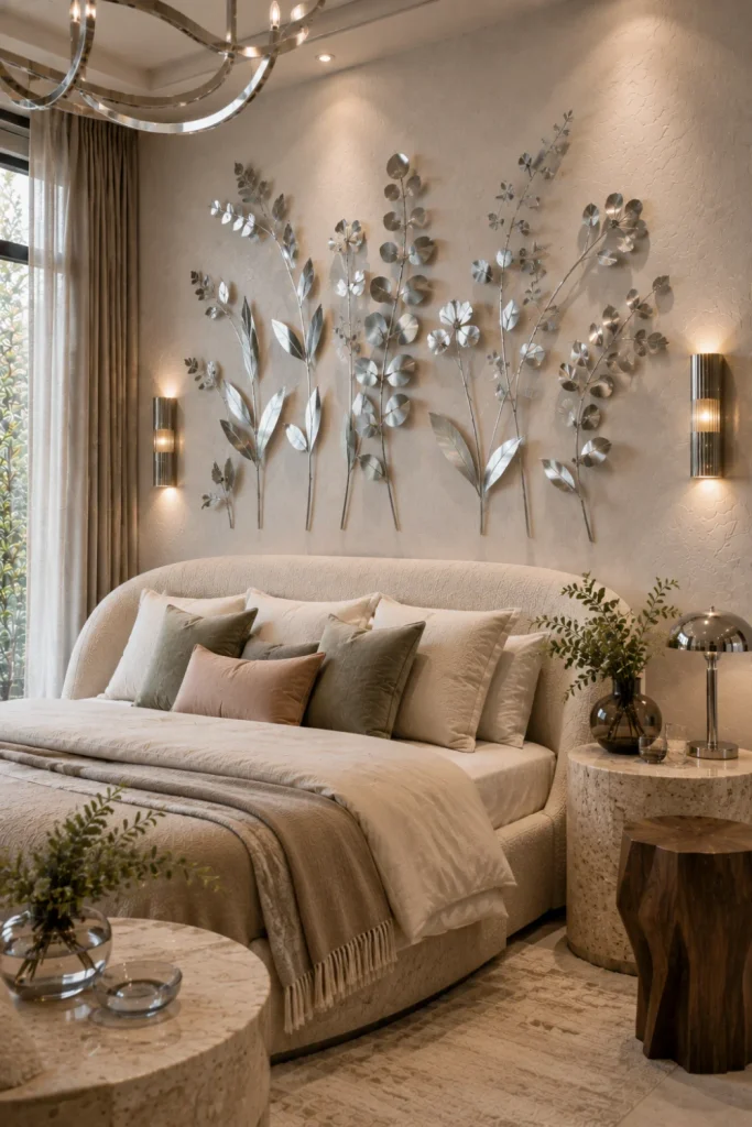 Chrome botanical wall art in a soft modern luxe room with cream furnishings, warm lighting, natural textures, and contemporary 2026 styling.