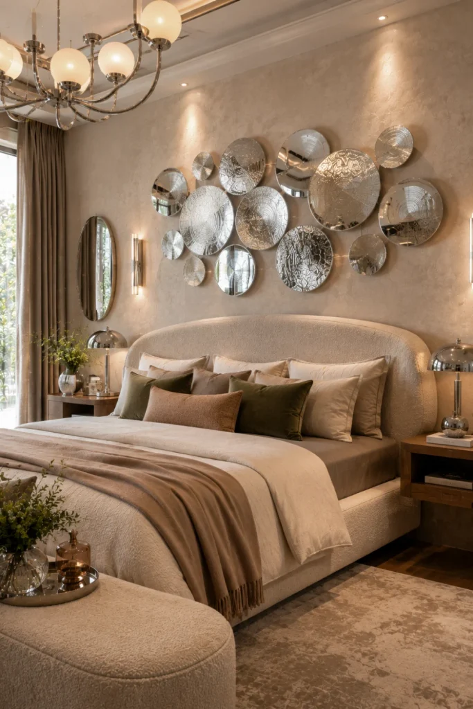 Glamorous modern bedroom with a chrome disc art arrangement above the bed, warm lighting, luxe textiles, and contemporary 2026 decor.