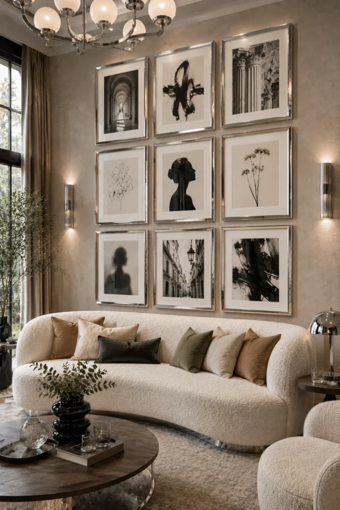 Chrome-framed black-and-white gallery wall in a sophisticated modern living room with warm neutral furnishings and contemporary lighting.